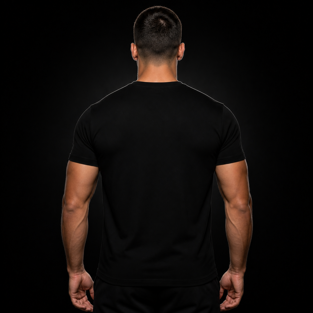 Muscular model wearing a black Kell's Clothing back-print T-shirt
