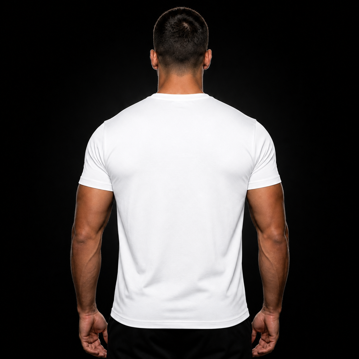 Muscular male model wearing the white T-shirt artwork on the back #color_white