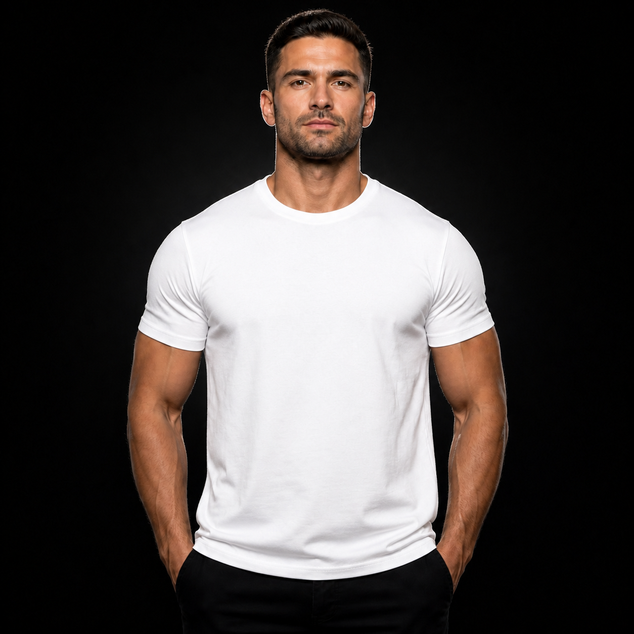 Muscular male model wearing the white T-shirt with KC left-chest logo #color_white
